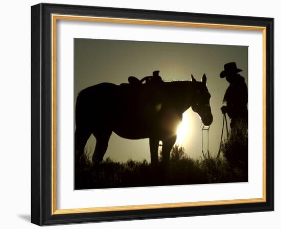 Cowboy With His Horse at Sunset, Ponderosa Ranch, Oregon, USA-Josh Anon-Framed Photographic Print