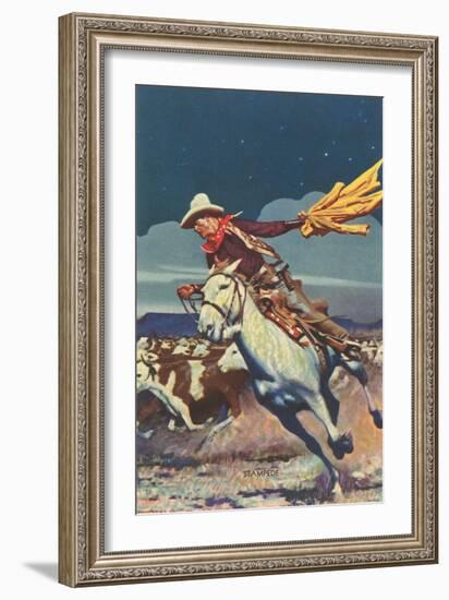 Cowboy with Stampede-null-Framed Art Print