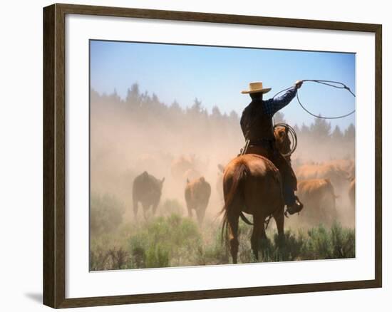 Cowboy Working the Herd on a Cattle Drive through Central Oregon, USA-Janis Miglavs-Framed Photographic Print