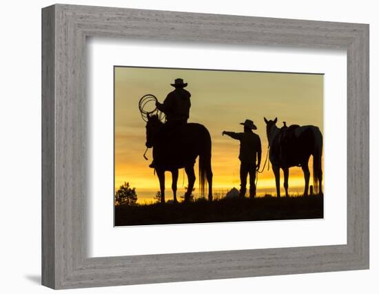 Cowboys and Horses in Silhouette at Dawn on Ranch, British Colombia, Canada-Peter Adams-Framed Photographic Print