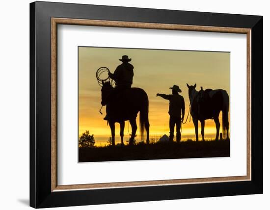 Cowboys and Horses in Silhouette at Dawn on Ranch, British Colombia, Canada-Peter Adams-Framed Photographic Print