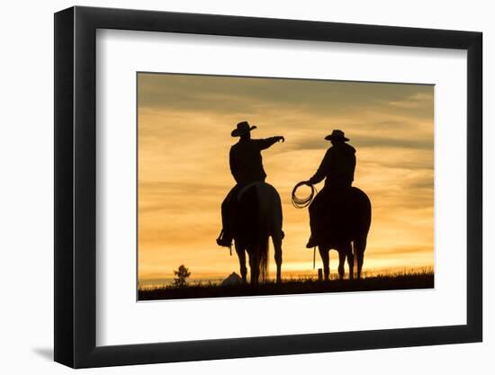 Cowboys and Horses in Silhouette at Dawn on Ranch, British Colombia, Canada-Peter Adams-Framed Photographic Print
