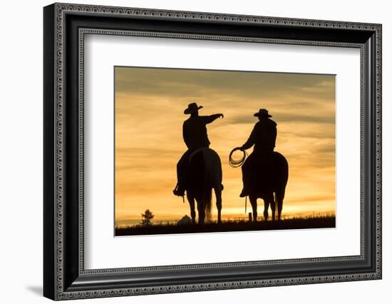 Cowboys and Horses in Silhouette at Dawn on Ranch, British Colombia, Canada-Peter Adams-Framed Photographic Print