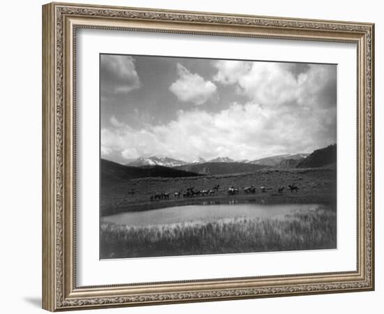 Cowboys and Horses near Pond at the Nine Quarter Circle Ranch Photograph - Eldridge, MT-Lantern Press-Framed Art Print