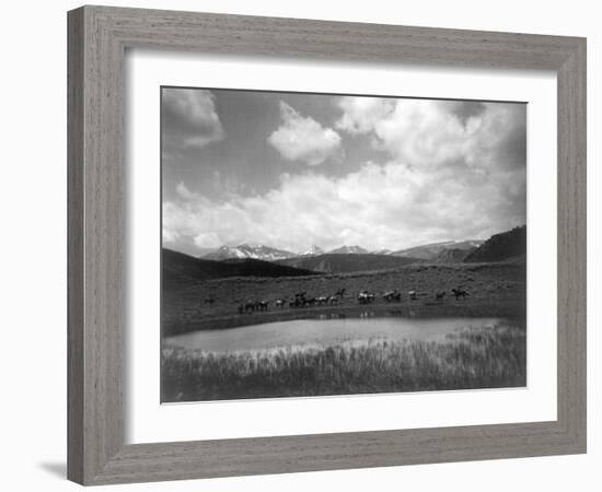 Cowboys and Horses near Pond at the Nine Quarter Circle Ranch Photograph - Eldridge, MT-Lantern Press-Framed Art Print