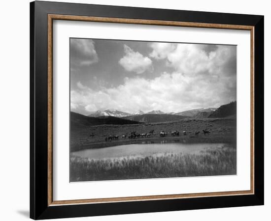 Cowboys and Horses near Pond at the Nine Quarter Circle Ranch Photograph - Eldridge, MT-Lantern Press-Framed Art Print