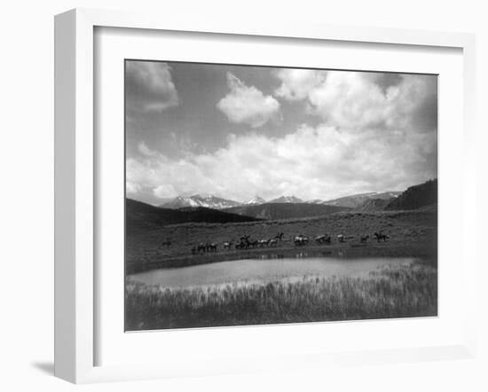 Cowboys and Horses near Pond at the Nine Quarter Circle Ranch Photograph - Eldridge, MT-Lantern Press-Framed Art Print