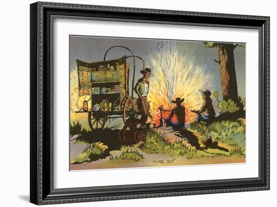 Cowboys at Campfire by Chuckwagon-null-Framed Art Print