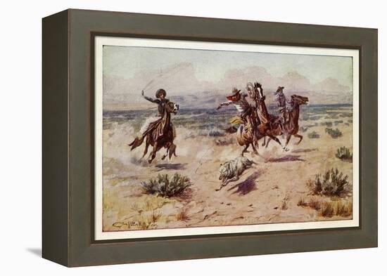 Cowboys chasing a prairie wolf-Charles Marion Russell-Framed Premier Image Canvas