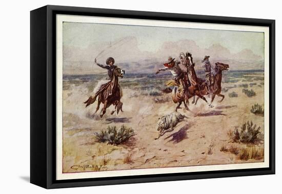 Cowboys chasing a prairie wolf-Charles Marion Russell-Framed Premier Image Canvas