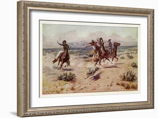 Cowboys chasing a prairie wolf-Charles Marion Russell-Framed Giclee Print