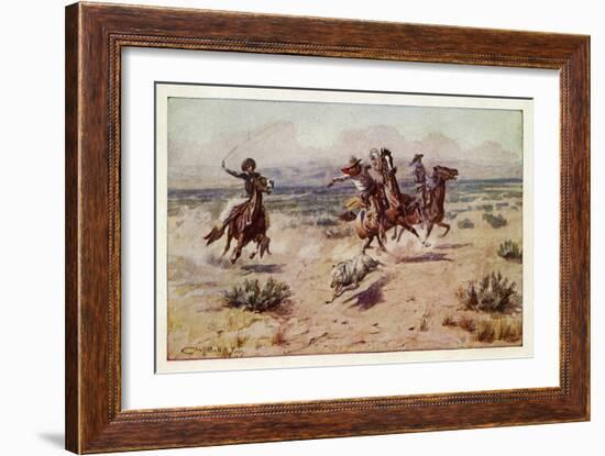 Cowboys chasing a prairie wolf-Charles Marion Russell-Framed Giclee Print