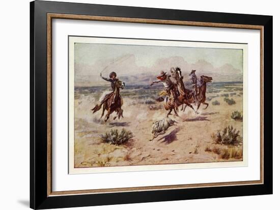 Cowboys chasing a prairie wolf-Charles Marion Russell-Framed Giclee Print