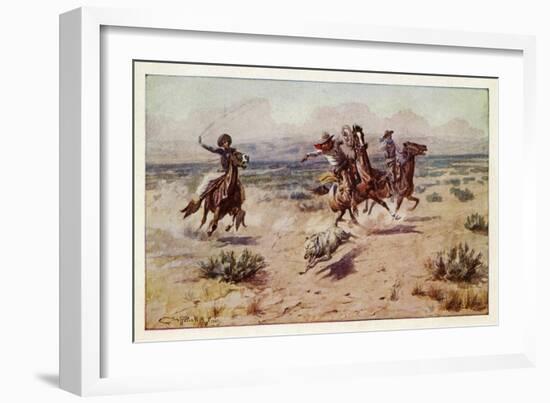 Cowboys chasing a prairie wolf-Charles Marion Russell-Framed Giclee Print