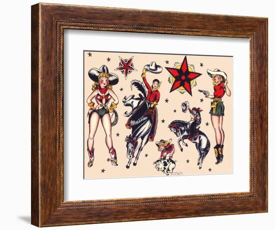 Cowboys & Cowgirls, Authentic Rodeo Tatooo Flash by Norman Collins, aka, Sailor Jerry-Piddix-Framed Premium Giclee Print