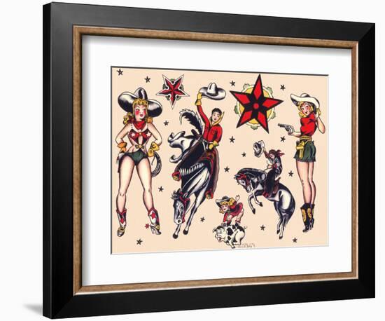 Cowboys & Cowgirls, Authentic Rodeo Tatooo Flash by Norman Collins, aka, Sailor Jerry-Piddix-Framed Premium Giclee Print