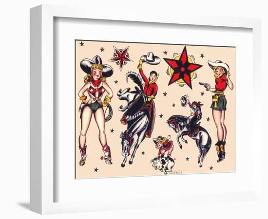 Cowboys & Cowgirls, Authentic Rodeo Tatooo Flash by Norman Collins, aka, Sailor Jerry-Piddix-Framed Premium Giclee Print