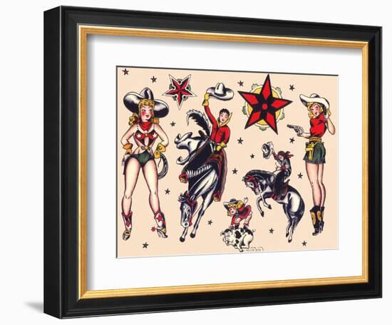 Cowboys & Cowgirls, Authentic Rodeo Tatooo Flash by Norman Collins, aka, Sailor Jerry-Piddix-Framed Premium Giclee Print