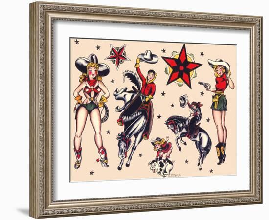 Cowboys & Cowgirls, Authentic Rodeo Tatooo Flash by Norman Collins, aka, Sailor Jerry-Piddix-Framed Art Print