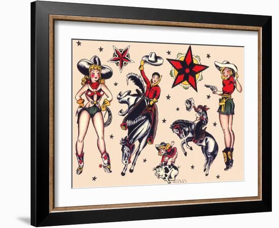 Cowboys & Cowgirls, Authentic Rodeo Tatooo Flash by Norman Collins, aka, Sailor Jerry-Piddix-Framed Art Print