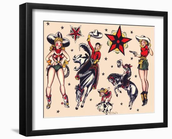 Cowboys & Cowgirls, Authentic Rodeo Tatooo Flash by Norman Collins, aka, Sailor Jerry-Piddix-Framed Art Print