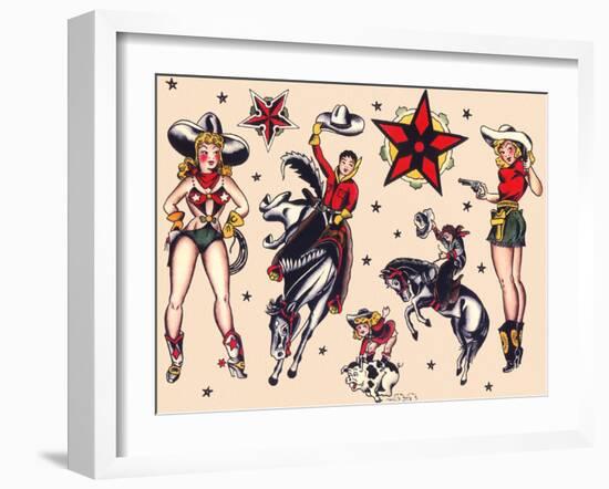 Cowboys & Cowgirls, Authentic Rodeo Tatooo Flash by Norman Collins, aka, Sailor Jerry-Piddix-Framed Art Print