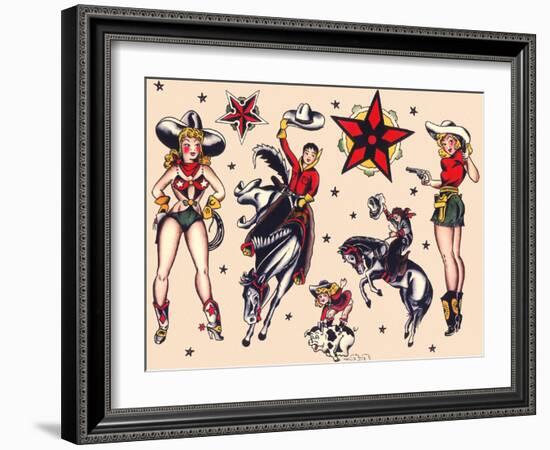 Cowboys & Cowgirls, Authentic Rodeo Tatooo Flash by Norman Collins, aka, Sailor Jerry-Piddix-Framed Art Print