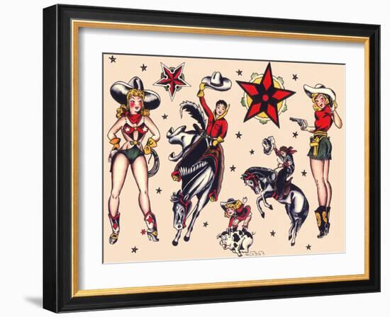 Cowboys & Cowgirls, Authentic Rodeo Tatooo Flash by Norman Collins, aka, Sailor Jerry-Piddix-Framed Art Print