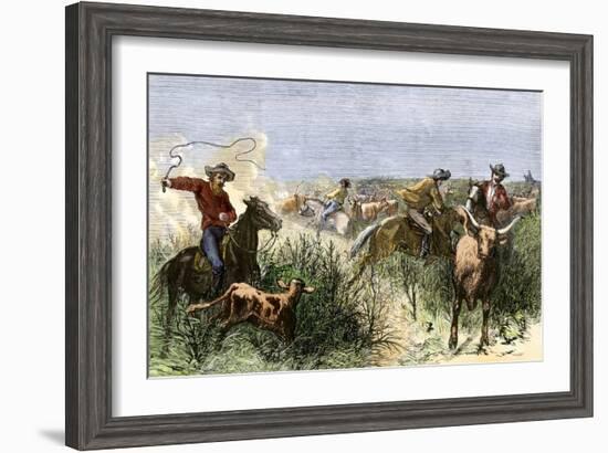 Cowboys Cutting Out Cattle to Drive a Herd from Texas to Kansas, c.1870-null-Framed Giclee Print
