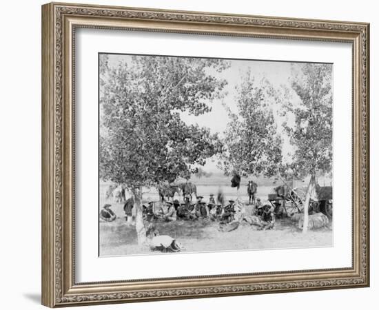 Cowboys Eating Dinner on Ground Under Trees Photograph - South Dakota-Lantern Press-Framed Art Print