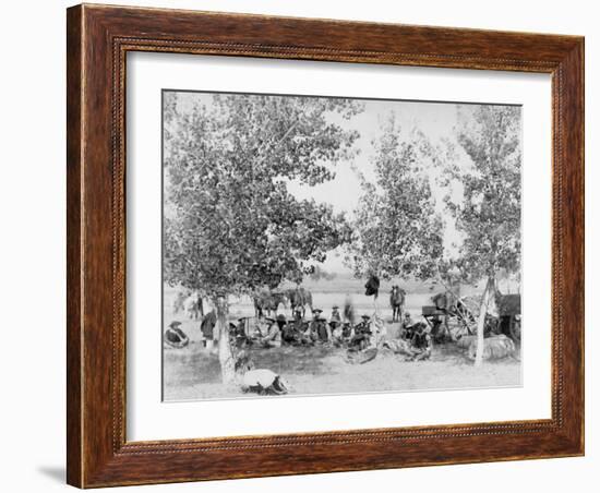 Cowboys Eating Dinner on Ground Under Trees Photograph - South Dakota-Lantern Press-Framed Art Print