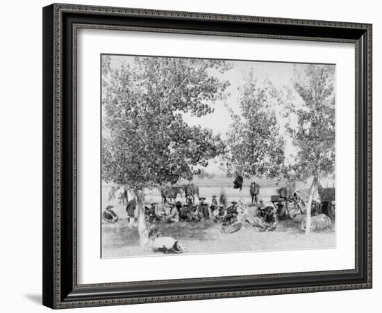 Cowboys Eating Dinner on Ground Under Trees Photograph - South Dakota-Lantern Press-Framed Art Print