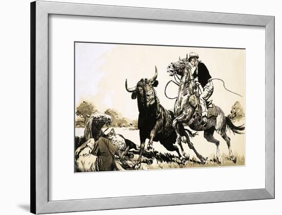 Cowboys in the Australian Outback Try to Rope a Bull-null-Framed Giclee Print