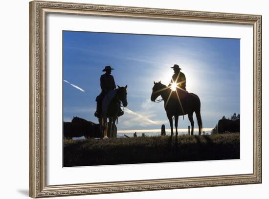 Cowboys on Horses, Sunrise, British Colombia, Canada-Peter Adams-Framed Photographic Print