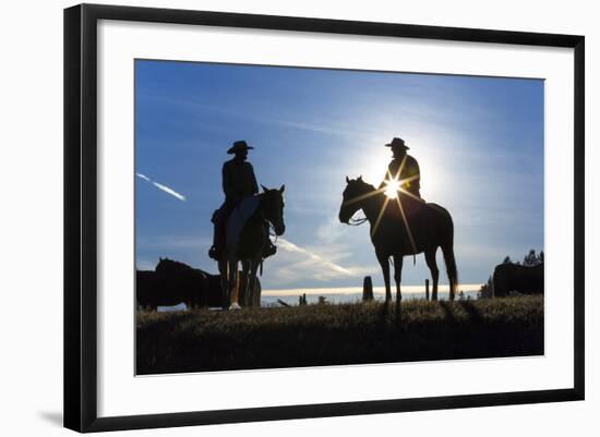 Cowboys on Horses, Sunrise, British Colombia, Canada-Peter Adams-Framed Photographic Print