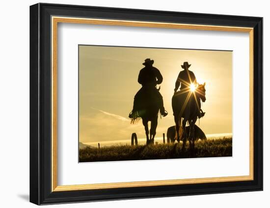 Cowboys on Horses, Sunrise, British Colombia, Canada-Peter Adams-Framed Photographic Print