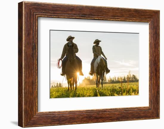 Cowboys Riding across Grassland with Moutains Behind, Early Morning, British Colombia, B.C., Canada-Peter Adams-Framed Photographic Print