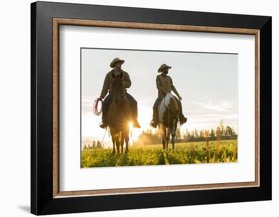 Cowboys Riding across Grassland with Moutains Behind, Early Morning, British Colombia, B.C., Canada-Peter Adams-Framed Photographic Print