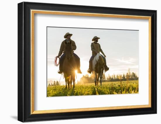 Cowboys Riding across Grassland with Moutains Behind, Early Morning, British Colombia, B.C., Canada-Peter Adams-Framed Photographic Print