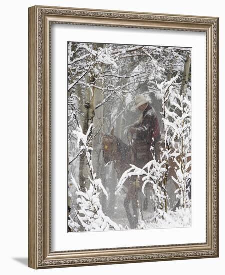 Cowboys Riding in Autumn Aspens with a Fresh Snowfall-Terry Eggers-Framed Photographic Print