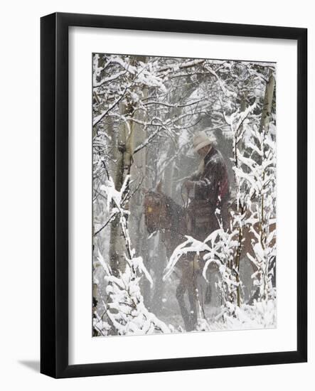 Cowboys Riding in Autumn Aspens with a Fresh Snowfall-Terry Eggers-Framed Photographic Print