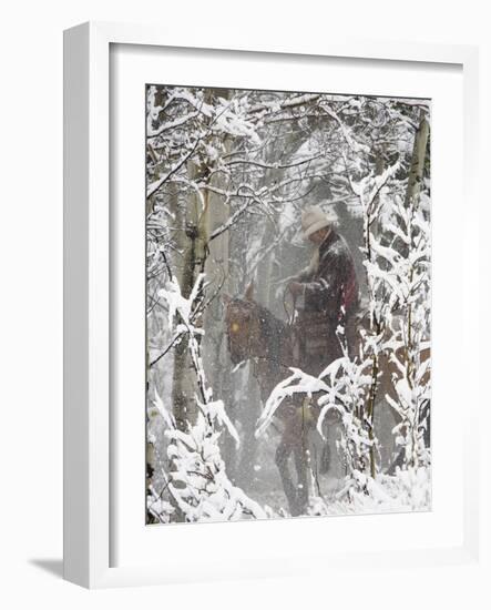 Cowboys Riding in Autumn Aspens with a Fresh Snowfall-Terry Eggers-Framed Photographic Print