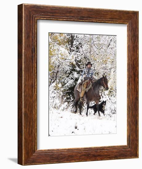 Cowboys Riding in Autumn Aspens with a Fresh Snowfall-Terry Eggers-Framed Photographic Print