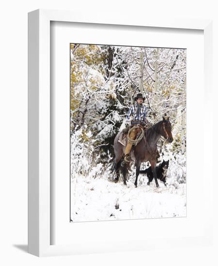 Cowboys Riding in Autumn Aspens with a Fresh Snowfall-Terry Eggers-Framed Photographic Print