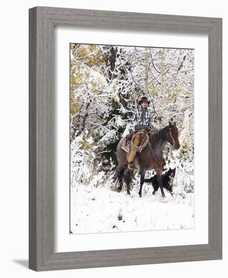 Cowboys Riding in Autumn Aspens with a Fresh Snowfall-Terry Eggers-Framed Photographic Print