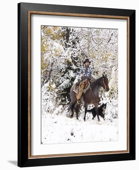 Cowboys Riding in Autumn Aspens with a Fresh Snowfall-Terry Eggers-Framed Photographic Print