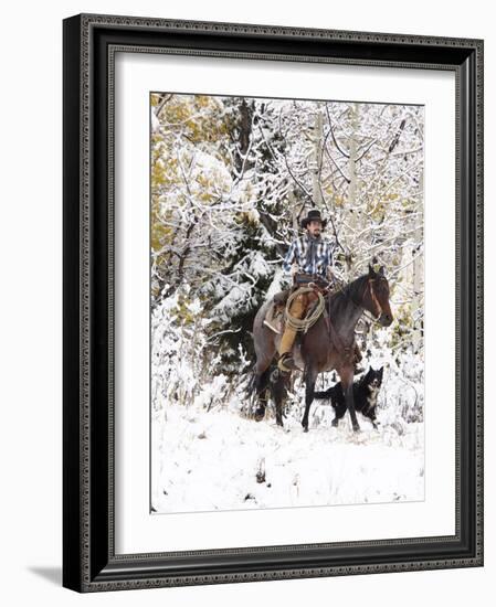 Cowboys Riding in Autumn Aspens with a Fresh Snowfall-Terry Eggers-Framed Photographic Print