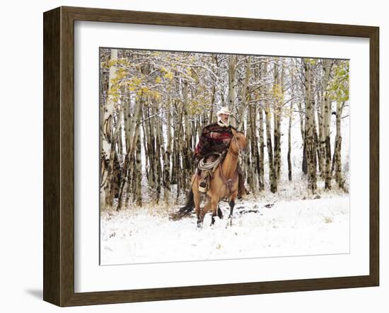 Cowboys Riding in Autumn Aspens with a Fresh Snowfall-Terry Eggers-Framed Photographic Print