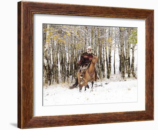 Cowboys Riding in Autumn Aspens with a Fresh Snowfall-Terry Eggers-Framed Photographic Print