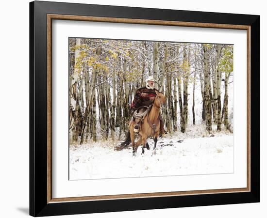 Cowboys Riding in Autumn Aspens with a Fresh Snowfall-Terry Eggers-Framed Photographic Print